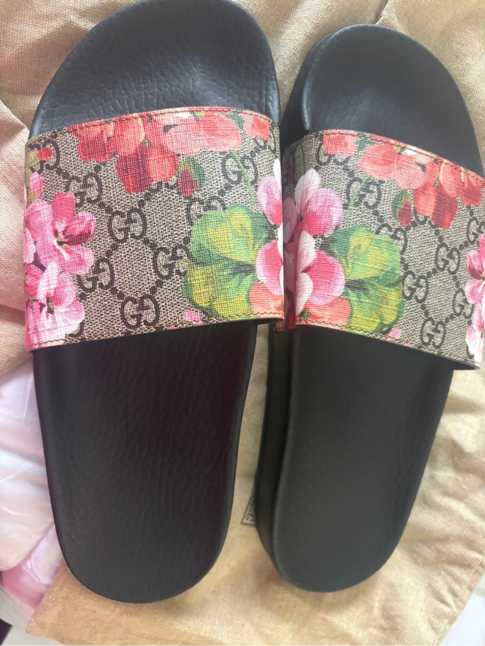 Gucci Black Slide Sandals with Floral Monogram Strap